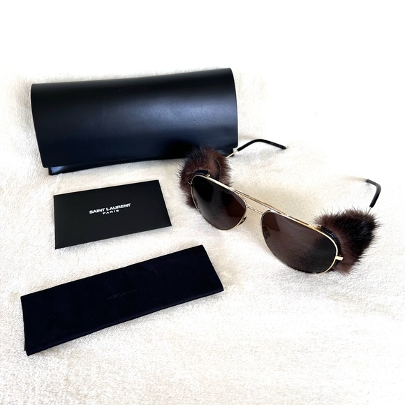 Saint Laurent Metallic Classic 11 Shields 59mm Mink Fur-Trim Sunglasses - Picture 4 of 14